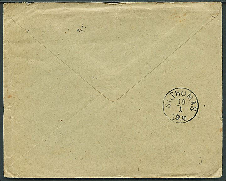 10 øre Chr. IX (2) på brev fra Terndrup d. 22.12.1905 til St. Thomas, Dansk Vestindien. Ank.stemplet lapidar St. Thomas d. 18.1.1906.