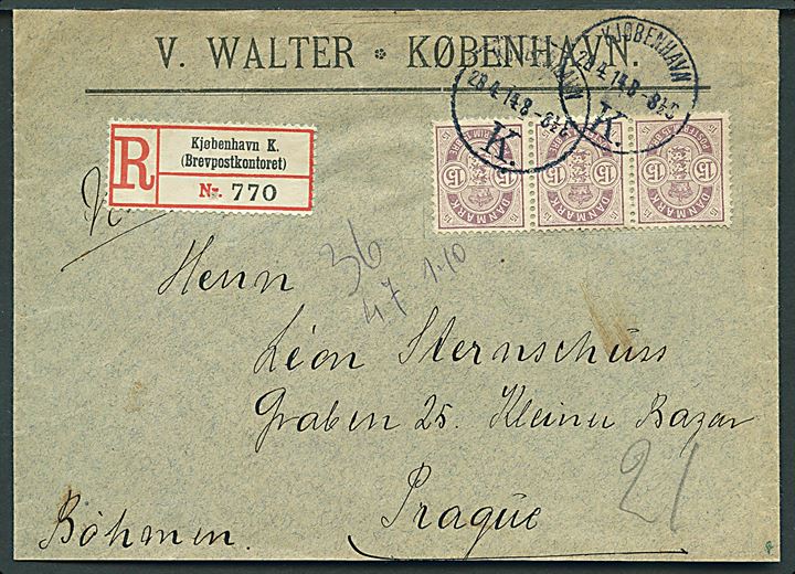 15 øre Våben i vandret 3-stribe på anbefalet brev fra Kjøbenhavn d. 28.4.1914 til Prag, Østrig.