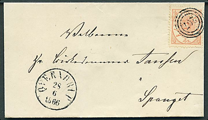 4 sk. Krone/Scepter på brev annulleret med nr.stempel 207 og sidestemplet antiqua Qverndrup d. 28.6.1866 til Birkedommer Jansen i Spanget.