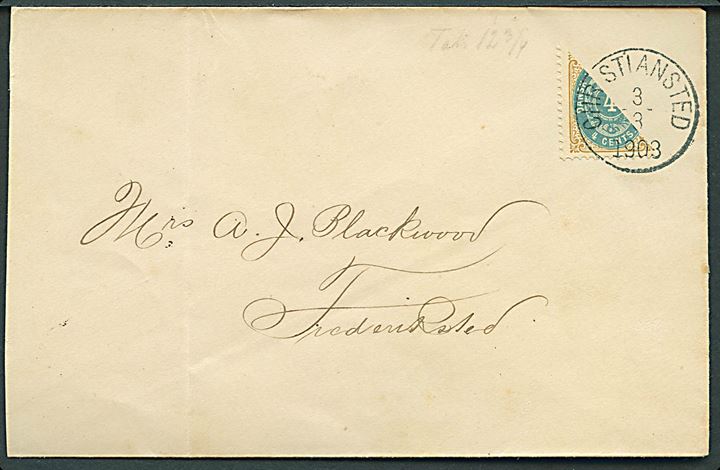 Halveret 4 cents på brev annulleret Christiansted d. 3.3.1903 til Frederiksted.