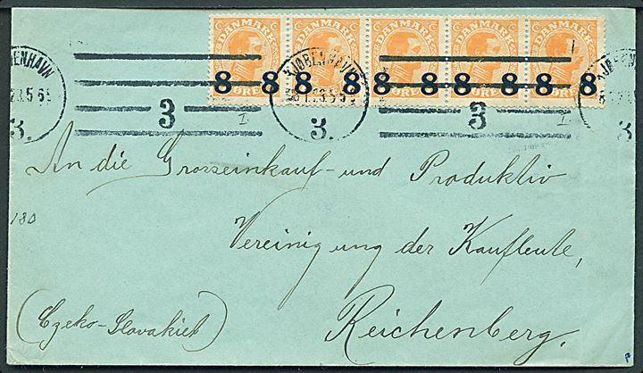 8/7 øre Provisorium i vandret 5-stribe på brev fra Kjøbenhavn d. 18.1.1923 til Reichenberg, Tjekkoslovakiet.