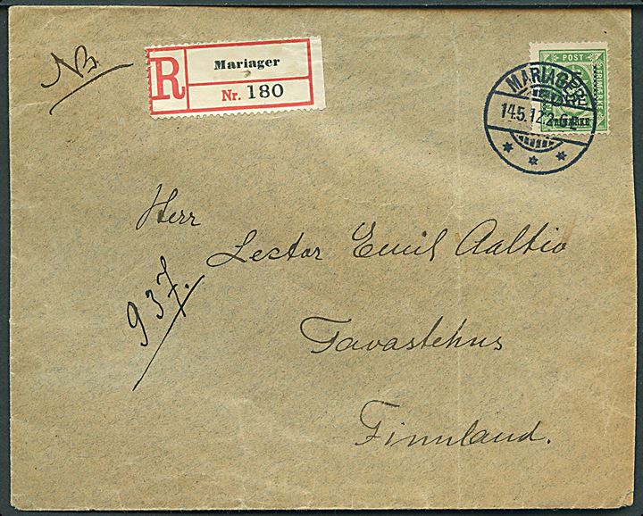 35/32 øre Provisorium single på anbefalet brev fra Mariager d. 14.5.1912 til Tavastehus, Finland.