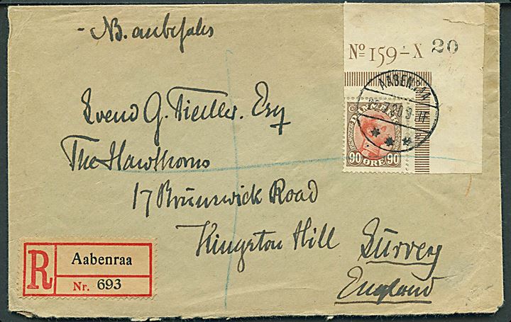 90 øre Chr. X med marginal nr. 159-X single på anbefalet brev annulleret med brotype IVb Aabenraa sn2 d. 25.7.1920 via London til Kingston Hill, England.