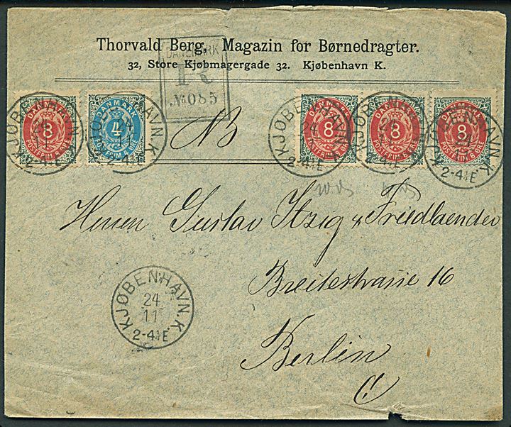 4 øre og 8 øre (4) Tofarvet på anbefalet brev fra Kjøbenhavn K. d. 24.11.1891 til Berlin, Tyskland.