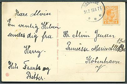 7 øre Chr. X med variant Midterstreg i E sammenhængende med fodstreg (Pos. 30) på brevkort annulleret med brotype IIIb Roskilde d. 31.7.1919 til København.
