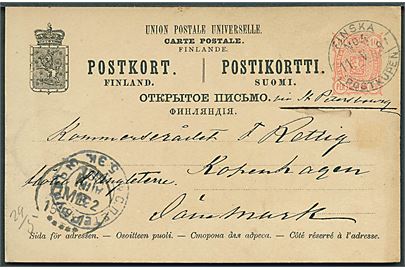 10 pen. helsagsbrevkort fra Åbo annulleret med bureaustempel Finska Postkupen No. 4 d. 11.5.1891 via St. Petersburg til København, Danmark.