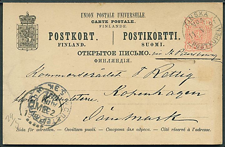 10 pen. helsagsbrevkort fra Åbo annulleret med bureaustempel Finska Postkupen No. 4 d. 11.5.1891 via St. Petersburg til København, Danmark.