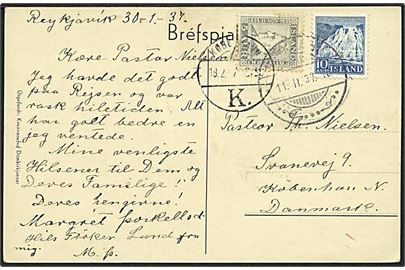 5 aur Jochumsson og 10 aur Dynjandi på brevkort fra Reykjavik d. 11.2.1937 til København, Danmark.