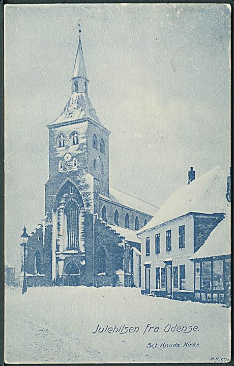 Julehilsen fra Odense med Sct. Knuds Kirke med sne. H. H. O. no. 576. 