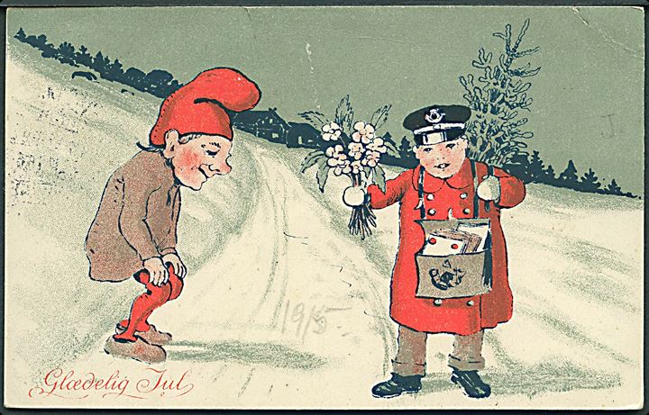 Ukendt Kunstner: Glædelig Jul. Postbud med blomster til nisse. Alex Vincents, serie 134/1. 