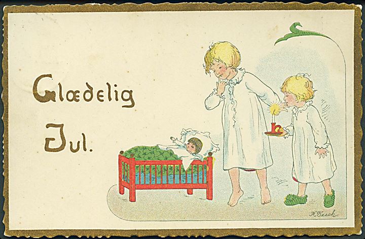 Helga Tesch: Glædelig Jul. Børn ved ved dukkeseng. Rudolf Olsens Kunstforlag, serie no. 114. 