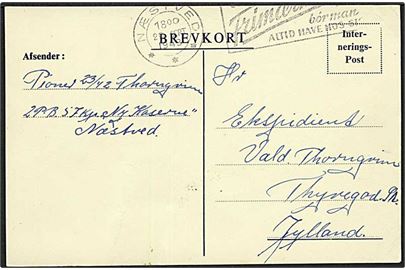 Fortrykt ufrankeret Interneringspost brevkort stemplet Næstved d. 29.9.1943 til Thyregod St. Fra interneret dansk soldat.