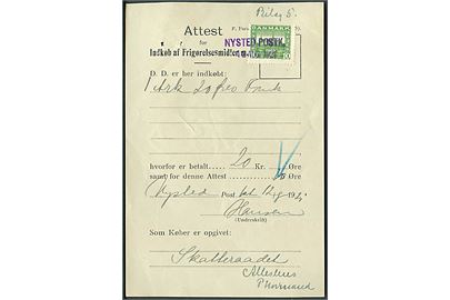 10 øre Genforening annulleret med kontorstempel NYSTED POSTK. / 12. AUG. 1921 anvendt som gebyrmærke på Attest for Indkøb af Frigørelsesmidler m.v.