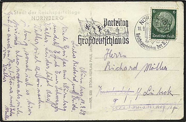 6 pfg. Hindenburg på brevkort annulleret med TMS Parteitag Grossdeutschlands / Nürnberg d. 10.9.1938 til Lübeck.