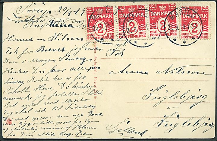 2 øre Bølgelinie (4) på brevkort annulleret med brotype IIIb Maribo *** d. 20.9.1919 til Fuglebjerg. Overfrankeret med 1 øre.