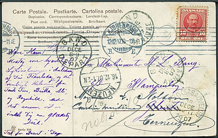 10 øre Fr. VIII på brevkort fra Kjøbenhavn d. 12.12.1907 til sømand ombord på S/S Klampenborg i Gent, Belgien - eftersendt til Neuzen.