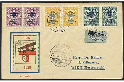 1+10 s., 2+10 s. og 4+10 s. Velgørenhedsudg. i parstykker på særlig DERULUFT flyvningskuvert stemplet Riga d. 2.5.1927 til Wien, Østrig.