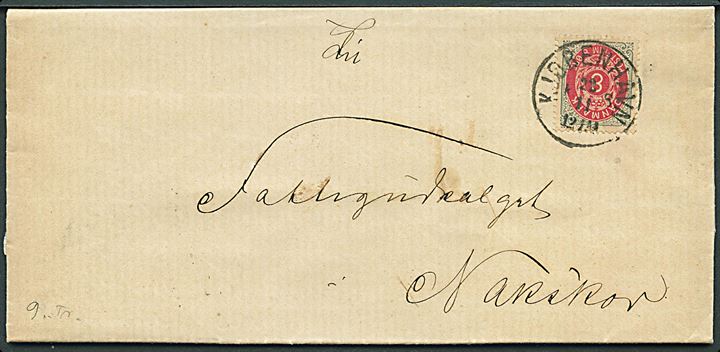 8 øre Tofarvet 9. tryk på brev annulleret Kjøbenhavn KB d. 23.11.1877 til Nakskov. 