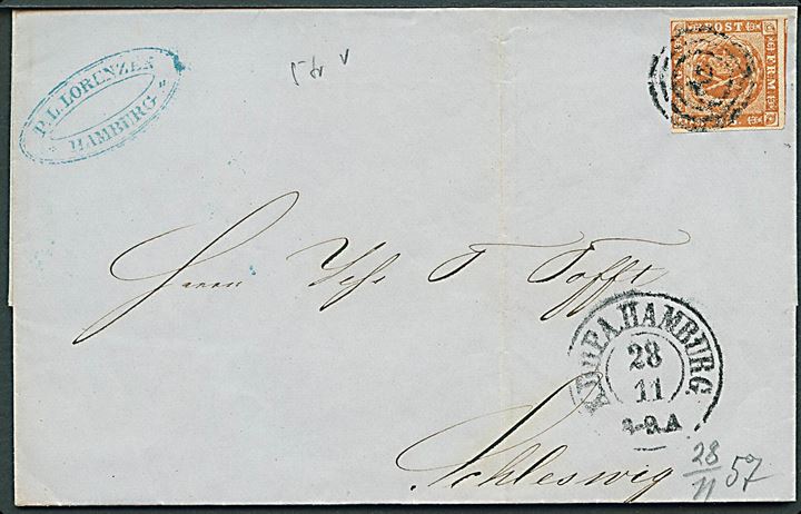 4 sk. 1854 udg. 5. tryk på brev annulleret med nr.stempel 2 og sidestemplet antiqua K.D.O.P.A. Hamburg d. 28.11.1957 til Schleswig.