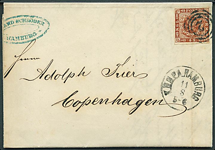 4 sk. 1858 udg. på brev annulleret med nr.stempel 2 og sidestemplet lapidar K.D.O.P.A. Hamburg d. 11.8.1863 til København.