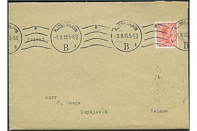 10 øre Chr. X single på brev fra Kjøbenhavn d. 3.9.1915 til Reykjavik, Island. Ingen tegn på censur.
