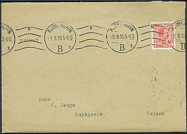 10 øre Chr. X single på brev fra Kjøbenhavn d. 3.9.1915 til Reykjavik, Island. Ingen tegn på censur.