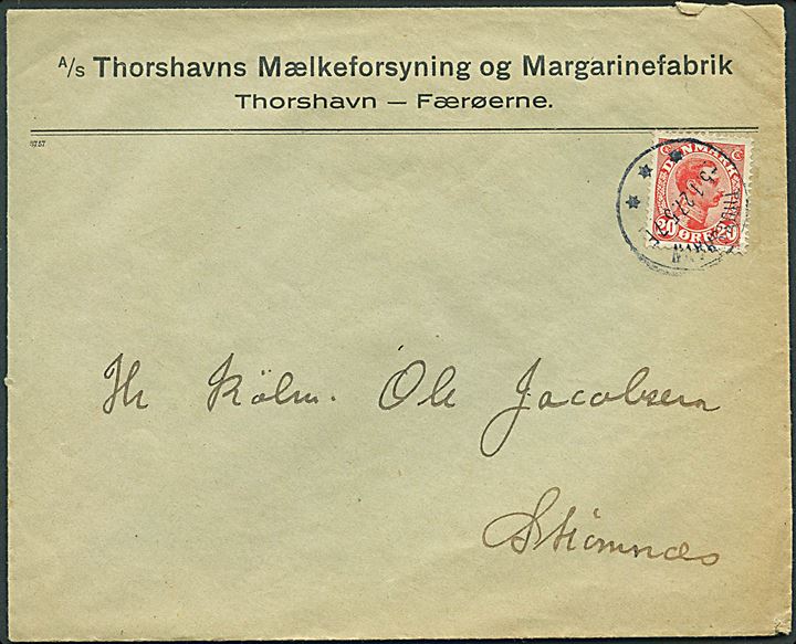 20 øre Chr. X på firmakuvert fra A/S Thorshavns Mælkeforsyning og Margarinefabrik annulleret med brotype IIIb Thorshavn d. 5.1.1927 til Strømnæs.