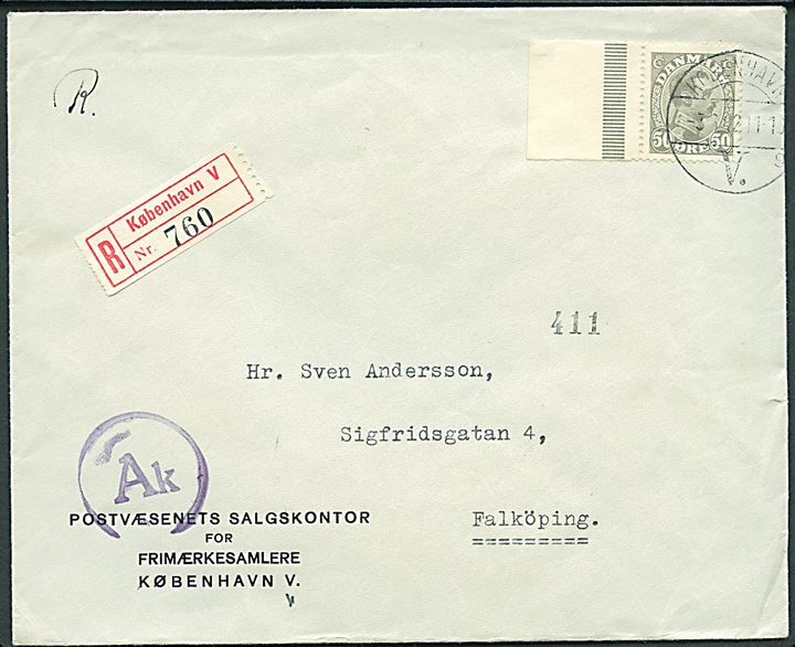 50 øre Chr. X single på anbefalet brev fra København d. 3.6.1942 til Falköping, Sverige. Passér stemplet Ak ved censuren i København.