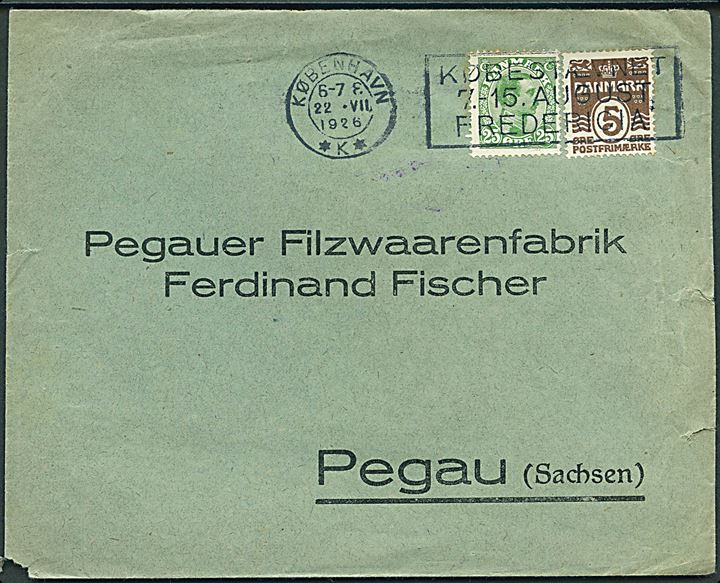 5 øre Bølgelinie og 25 øre Chr. X på brev fra København d. 22.7.1926 til Pegau, Tyskland.