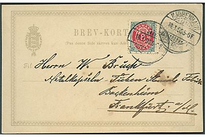 3 øre helsagsbrevkort opfrankeret med 8 øre Tofarvet fra Kjøbenhavn d. 14.1.1896 til Frankfurt, Tyskland. Overfrankeret med 1 øre.