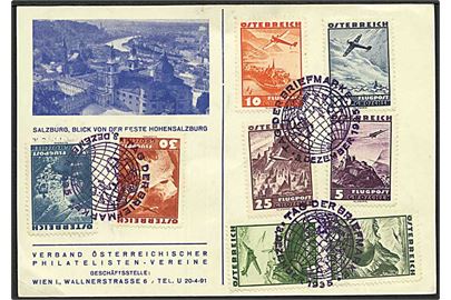 Div. luftpost udg. på brevkort annulleret med særstempel Tag der Briefmarke d. 3.12.1935.