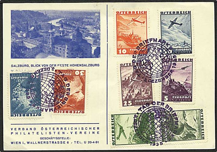 Div. luftpost udg. på brevkort annulleret med særstempel Tag der Briefmarke d. 3.12.1935.