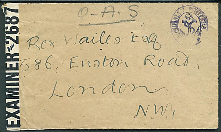 Ufrankeret O.A.S. feltpostbrev med ovalt skjoldstempel ADMIRALITY WHITEHALL til London, England. Åbnet af civil censur PC90/2687. 