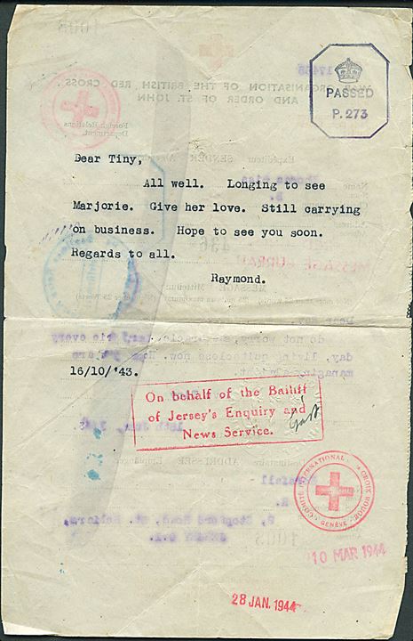 British Red Cross & Order of St. John formular fra London d. 18.6.1943 til St. Heliers, Jersey, Channel Islands. Flere Røde Kors og censur stempler.