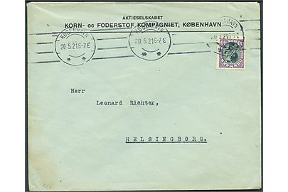 40 øre Chr. X med perfin K. på firmakuvert fra A/S Korn- og Foderstof Kompagniet i København d. 20.5.1921 til Helsingborg, Sverige.