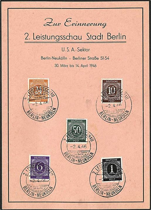 Forskellige værdier af 1. Kontrolråds udg. på erindringsark stemplet 2. Leitungsschau Berlin-Neukölln d. 2.4.1946.