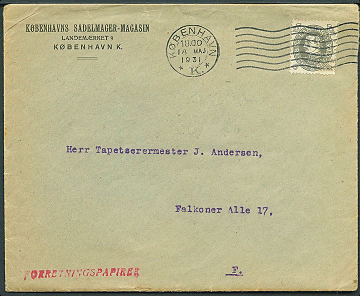 8 øre Chr. X 60 år med perfin K.S.M. på firmakuvert fra Københavns Sadelmager-Magasin sendt som lokal forretningspapirer io København d. 18.5.1931.