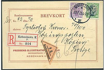 15 øre og 30 øre Chr. X med perfin PIB på anbefalet brevkort fra Pressens-Illustrations-Bureau sendt anbefalet med postopkrævning fra Kjøbenhavn d. 29.7.1921 til Köping, Sverige.