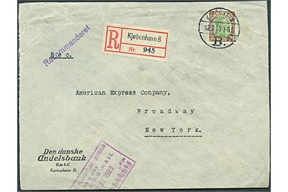 70 øre Chr. X med perfin D.D.A. på firmakuvert fra Den danske Andelsbank sendt anbefalet fra København d. 12.3.1923 til New York, USA. 
