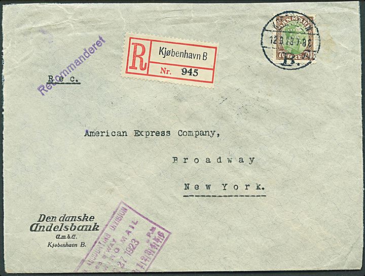70 øre Chr. X med perfin D.D.A. på firmakuvert fra Den danske Andelsbank sendt anbefalet fra København d. 12.3.1923 til New York, USA. 

