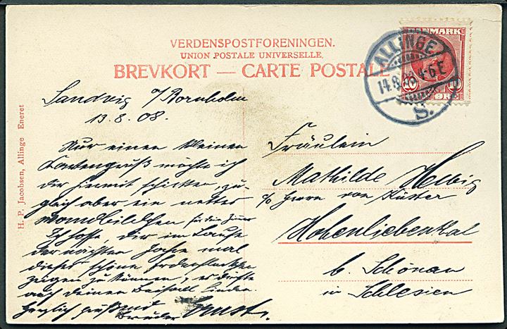 10 øre Fr. VIII på brevkort (Udsigt mod Hammershus) annulleret med brotype Ia Allinge S. (= Sandvig) d. 14.8.1908 til Hohenliebenthal, Tyskland.