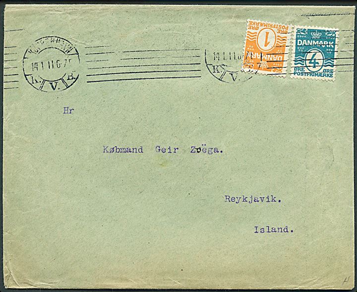 1 øre og 4 øre Bølgelinie på illustreret reklamekuvert Møbel-Udstilling i Tivoli sendt som tryksag fra Kjøbenhavn d. 14.1.1911 til Reykjavik, Island.