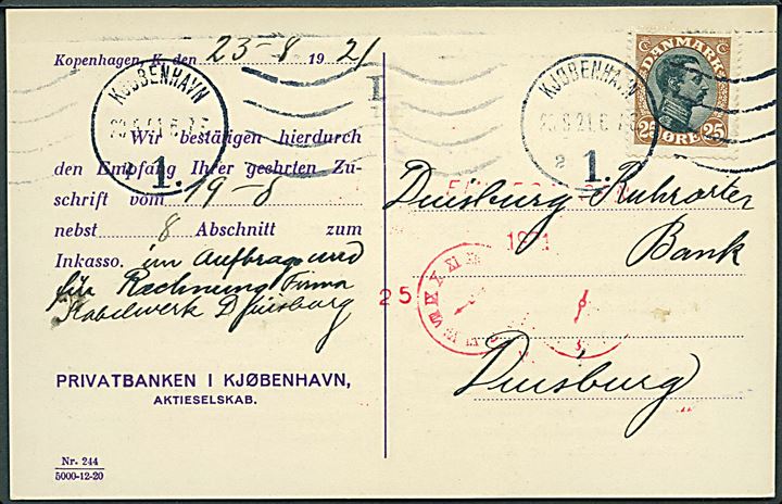 25 øre Chr. X på brevkort fra Kjøbenhavn d. 23.8.1921 til Duisburg, Tyskland.