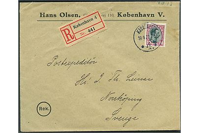 50 øre Chr. X single på anbefalet brev fra Kjøbenhavn d. 19.4.1922 til Norköping, Sverige.