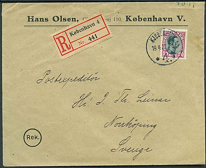 50 øre Chr. X single på anbefalet brev fra Kjøbenhavn d. 19.4.1922 til Norköping, Sverige.