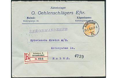 35 øre Chr. X single på anbefalet brev fra Kjøbenhavn d. 21.1.1915 til Malmö, Sverige.