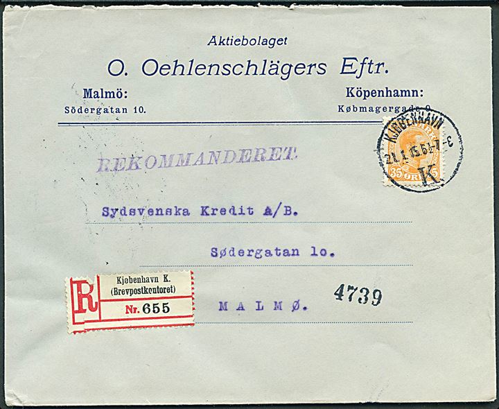 35 øre Chr. X single på anbefalet brev fra Kjøbenhavn d. 21.1.1915 til Malmö, Sverige.
