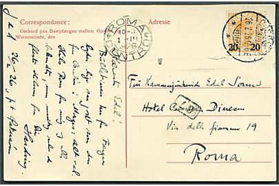 20/30 øre Provisorium på brevkort (Dampfærgen Danmark, Gjedser-Warnemünde) dateret p.t. Østersøen og stemplet Gjedser d. 26.2.1926 til Rom, Italien.