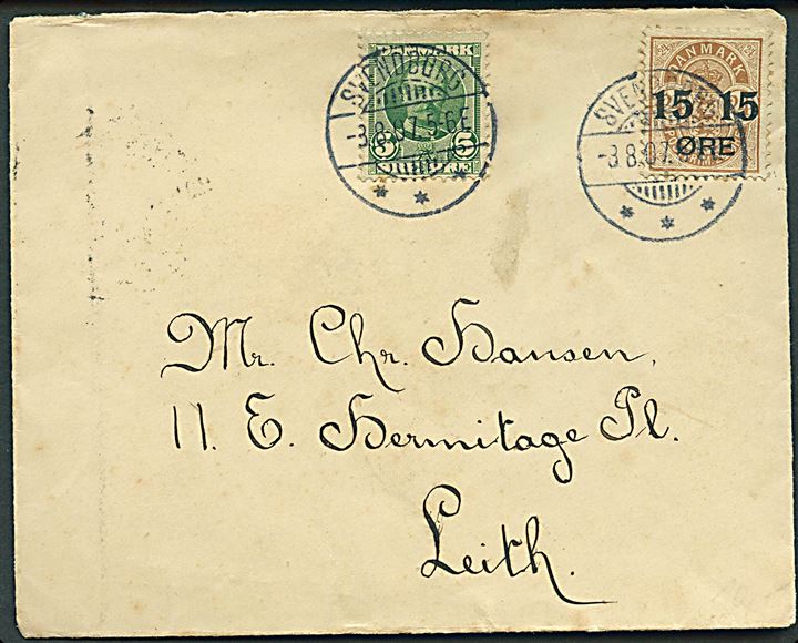 5 øre Fr. VIII og 15/24 øre Provisorium på brev fra Svendborg d. 3.8.1907 til Leith, Scotland. Ank.stemplet Edinburgh d. 11.8.1907.