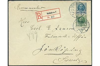 5 øre og 20 øre Fr. VIII på anbefalet brev fra Kjøbenhavn d. 2.4.1909 til Jönköping, Sverige.